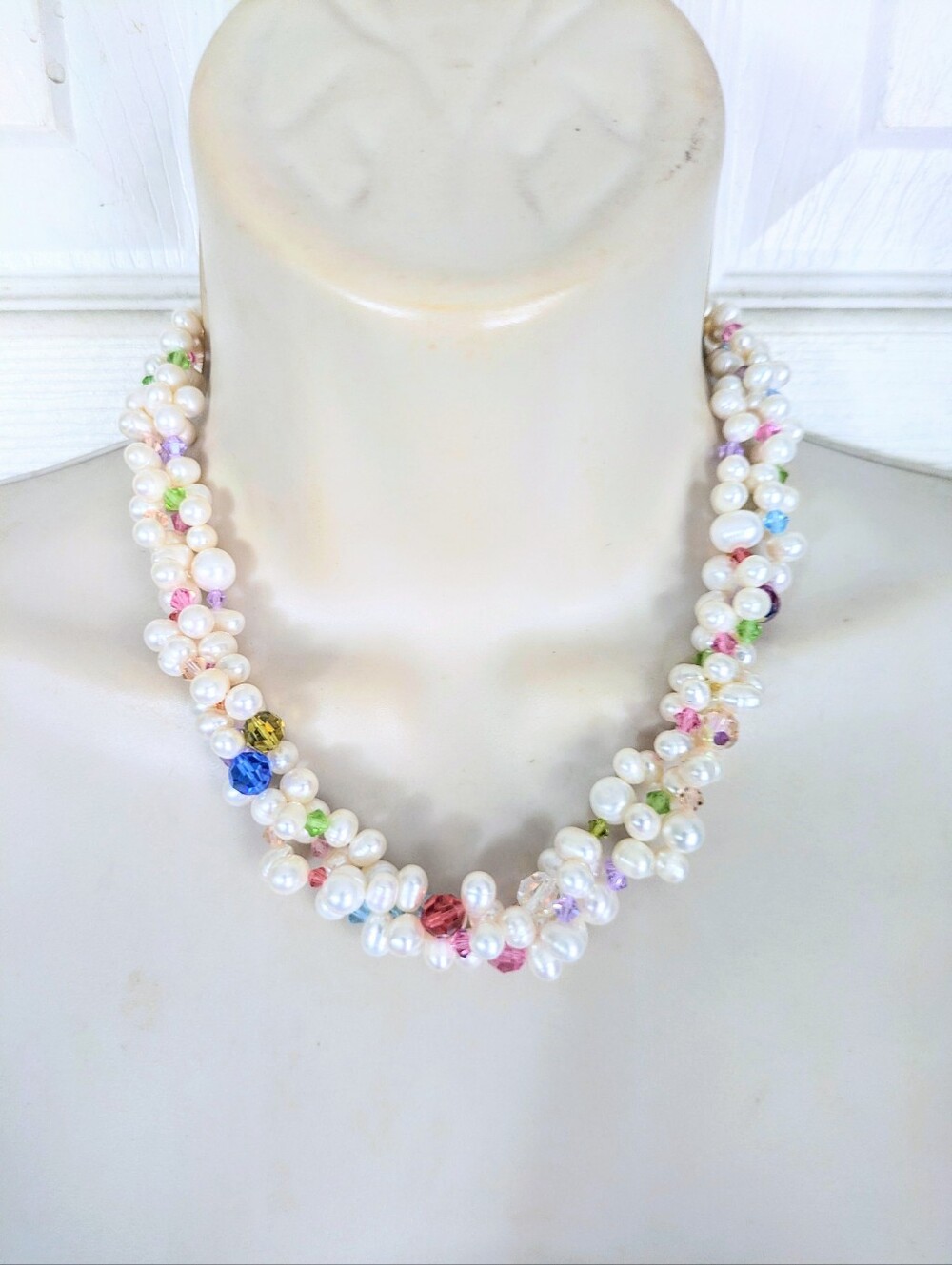 Triple Strand White Freshwater Pearl & Multi Color Crystal Necklace Bracelet Set